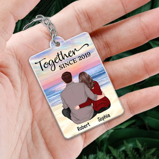 Couple Back View Sitting At Beach Personalized Acrylic Keychain