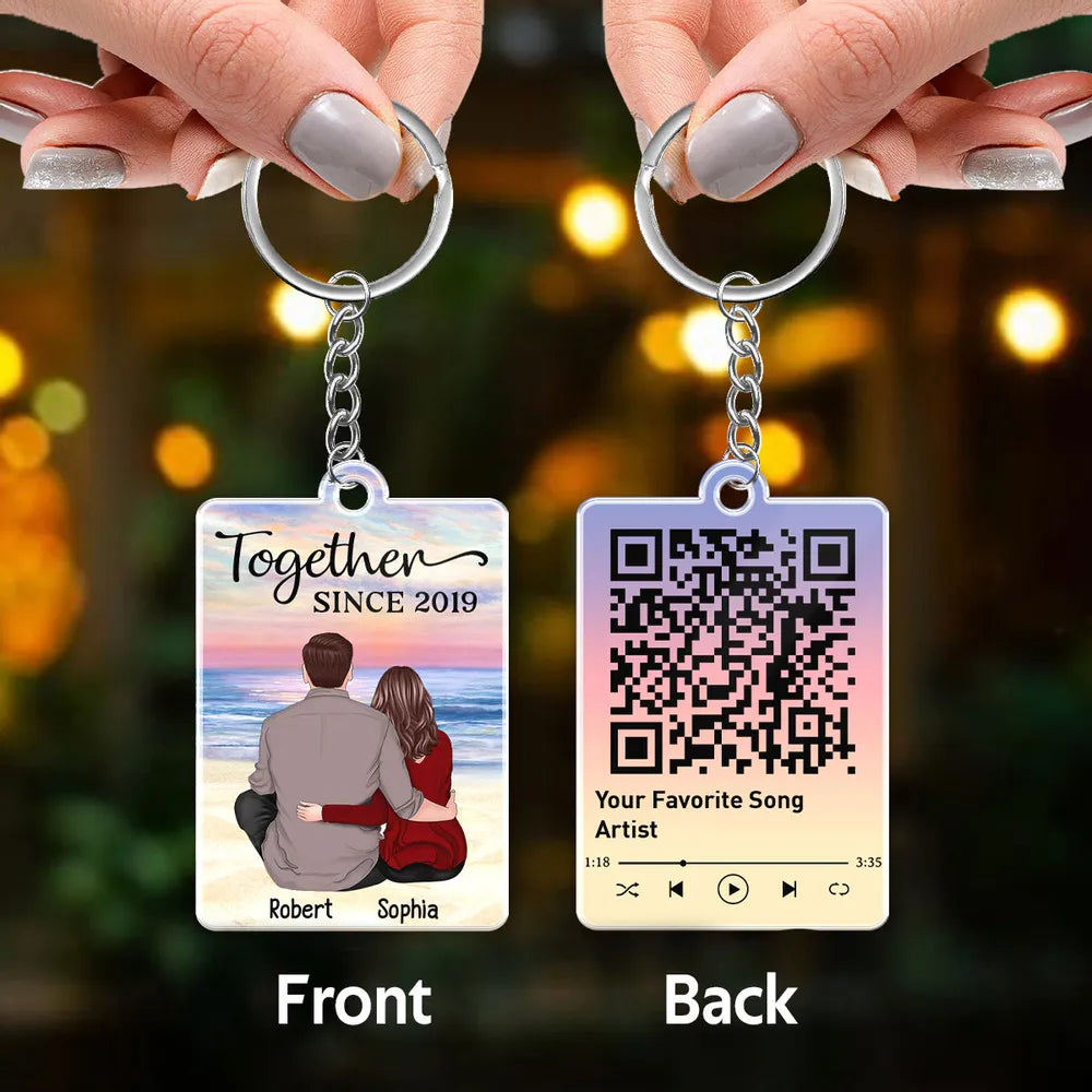 Couple Back View Sitting At Beach Personalized Acrylic Keychain